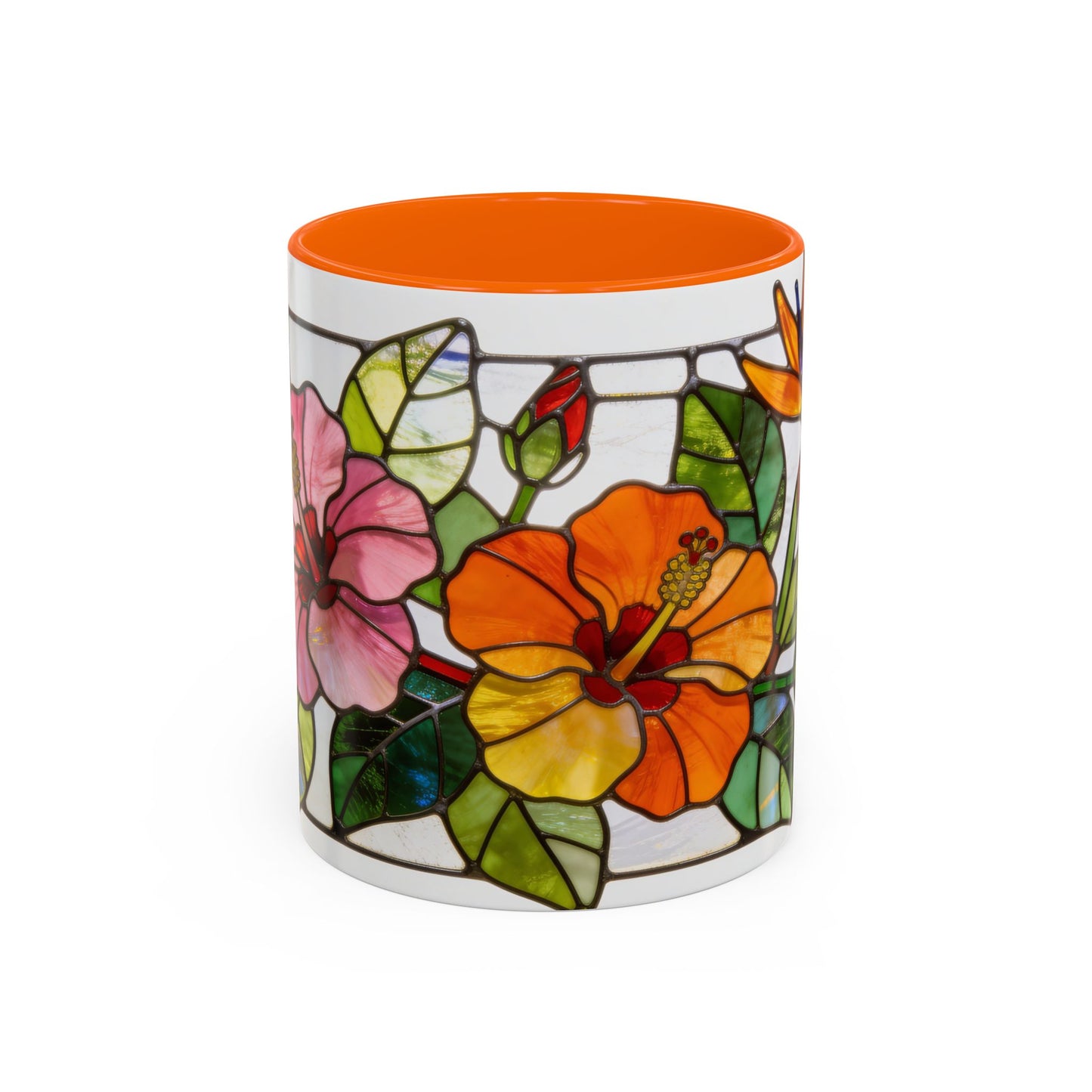 Stained Glass Tropical Flower Coffee Mug — Hibiscus & Bird of Paradise Accent Mug