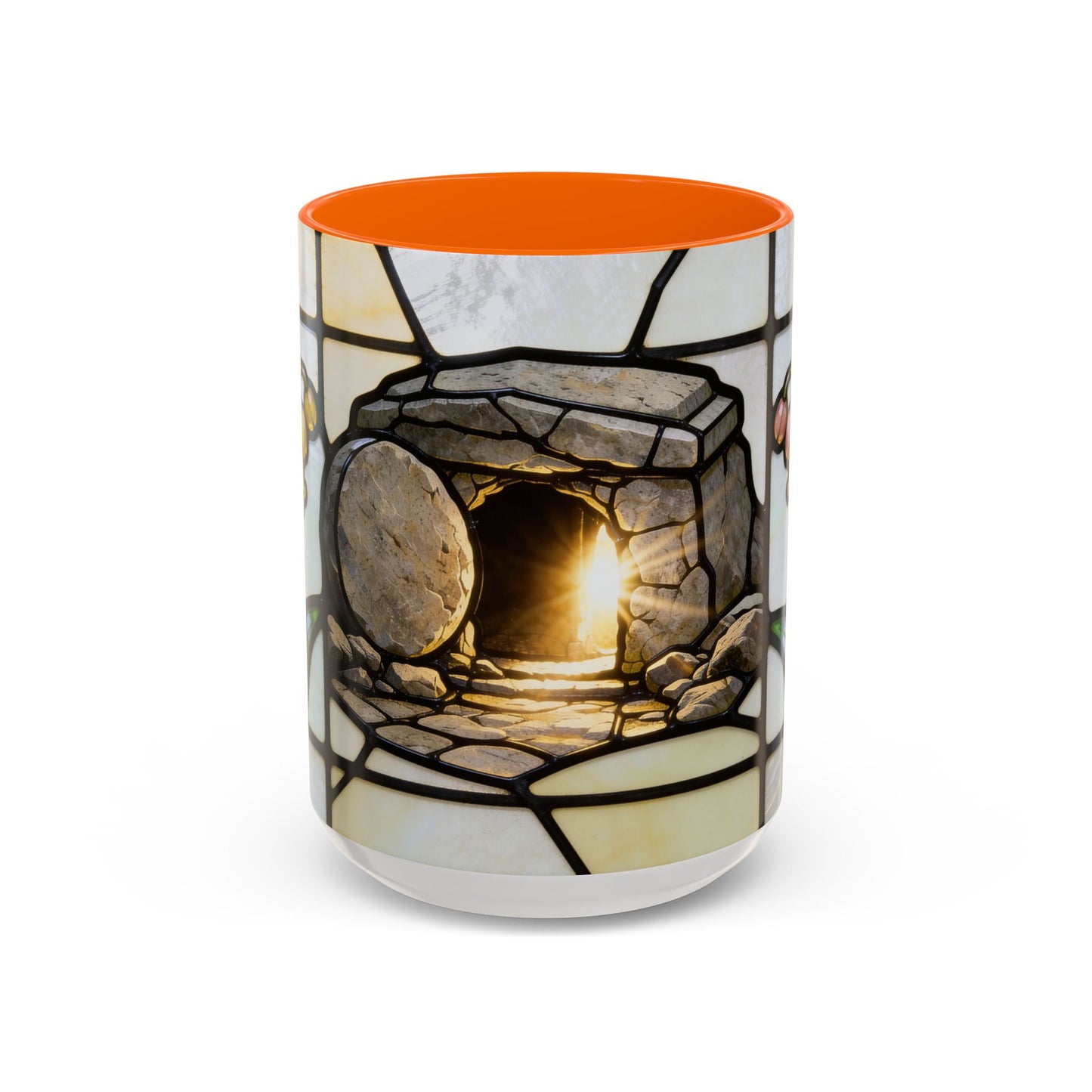 Stained Glass depiction of The Resurrected Tomb & Lily of the Valley Accent Coffee Mug — Christian Easter 11/15oz