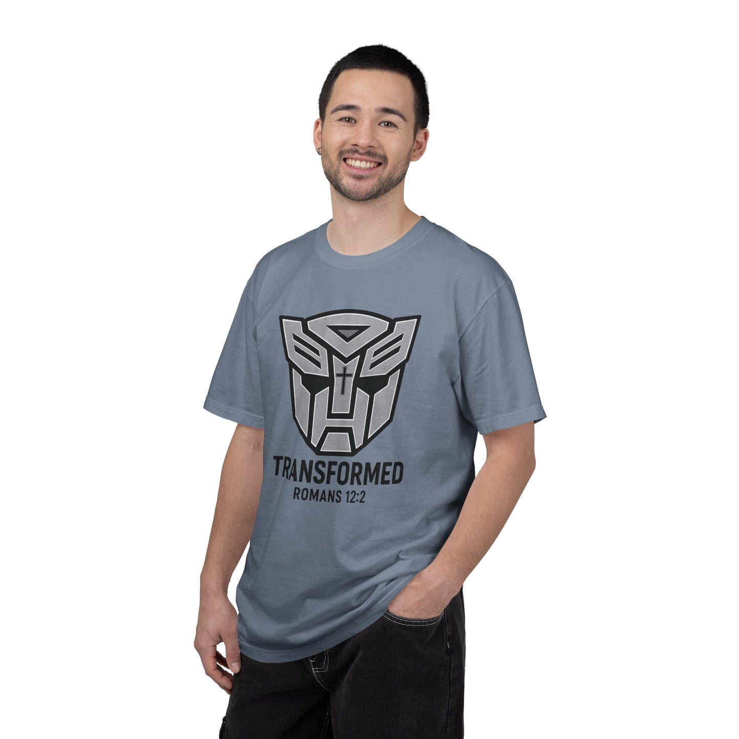 Transformed Graphic Tee — "Transformed" Romans 12:2 Christian Transformer Logo T-Shirt