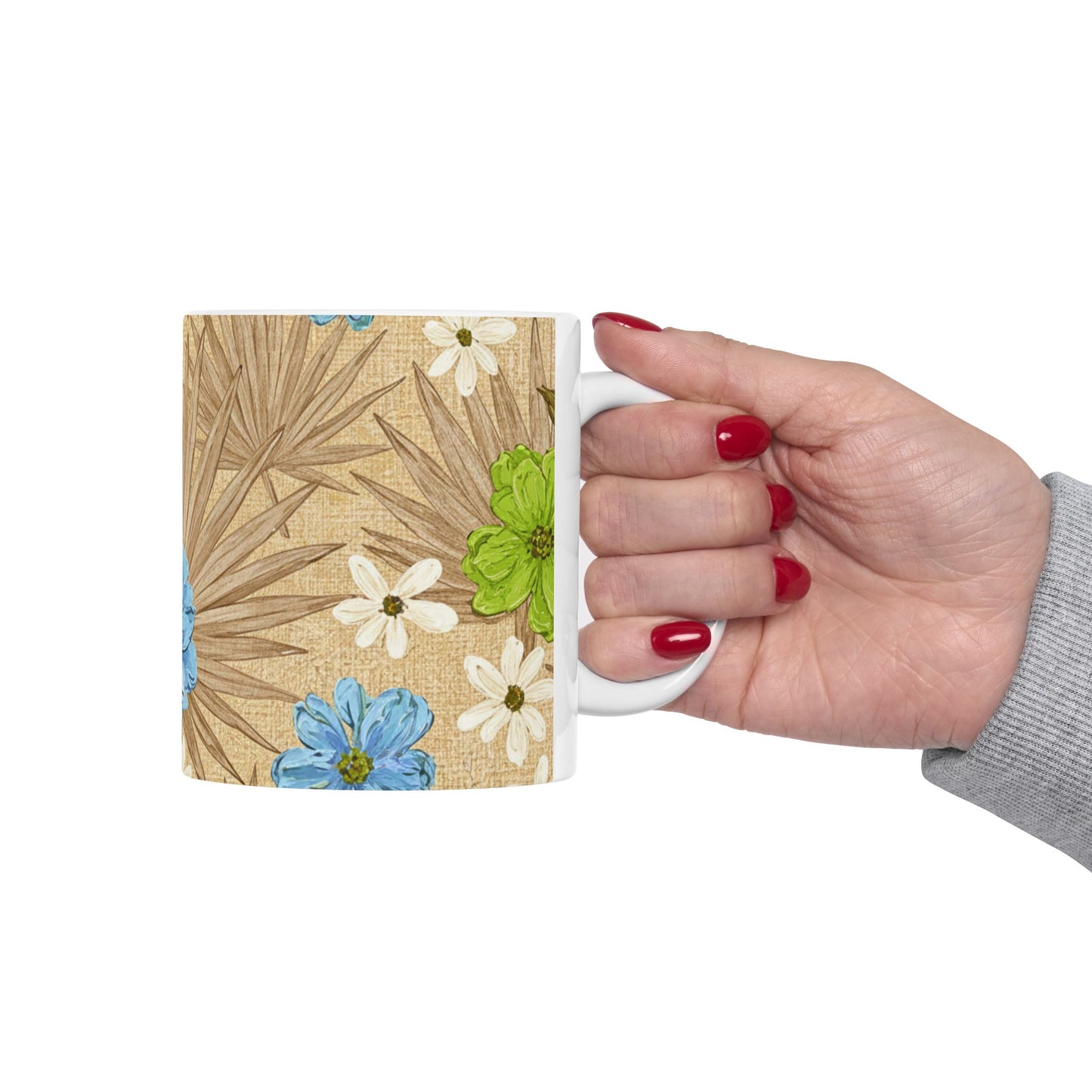 Floral Boho Ceramic Mug - Blue Wildflowers on Palm Leaf Background (11oz, 15oz)