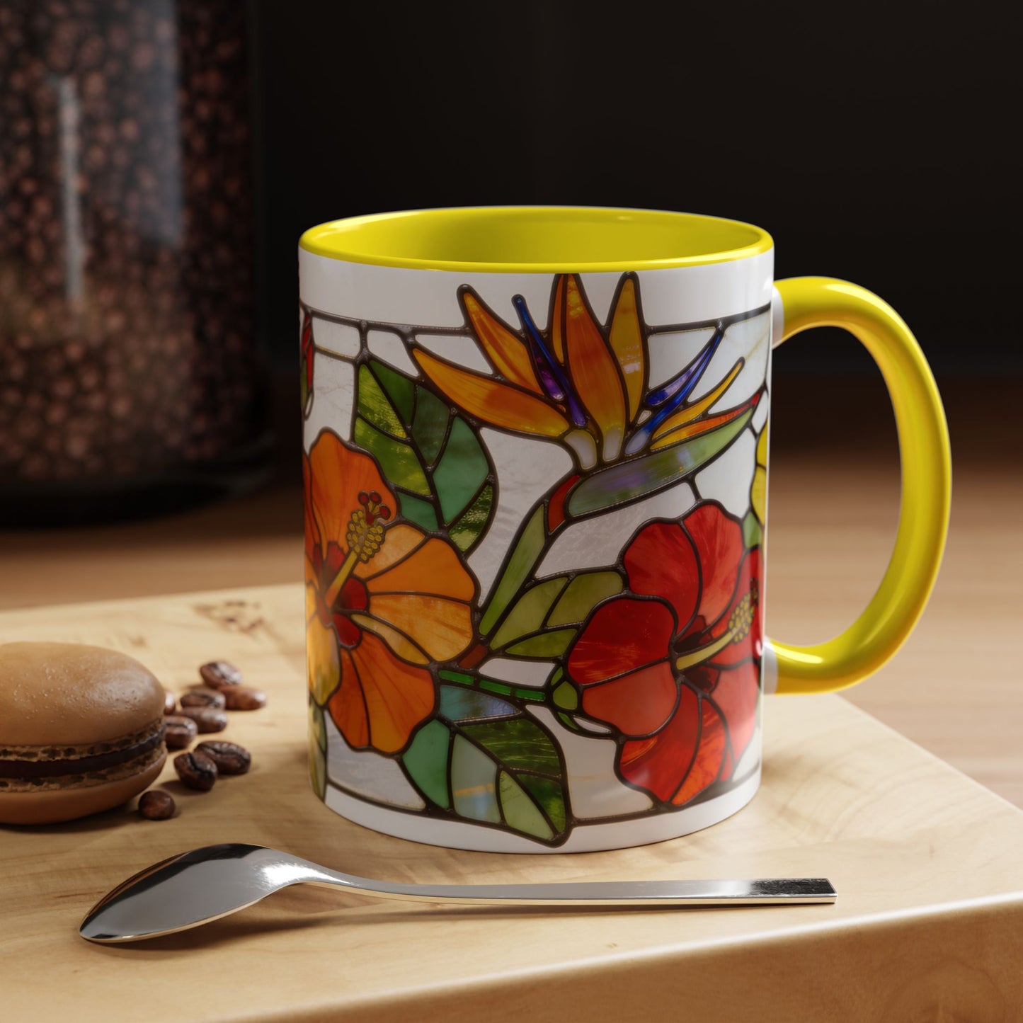 Stained Glass Tropical Flower Coffee Mug — Hibiscus & Bird of Paradise Accent Mug