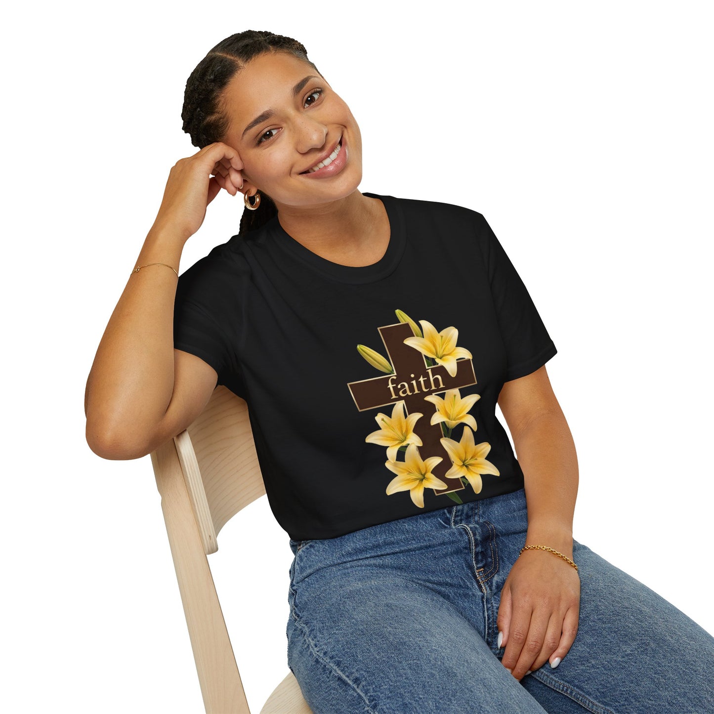 Faith Cross T‑Shirt with Yellow Lilies — Inspirational Christian Easter Tee