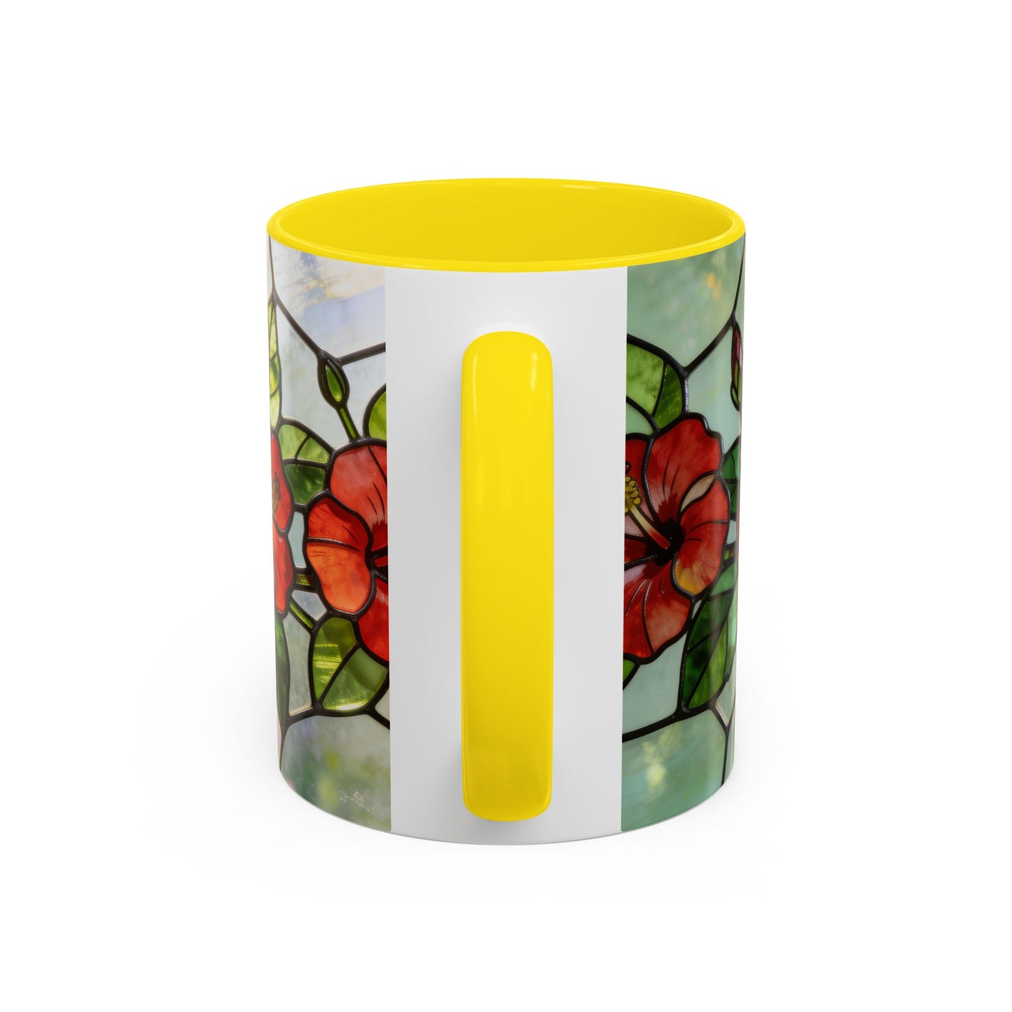 Stained Glass Floral Accent Coffee Mug — Hibiscus & Sunflower Art (11/15oz)