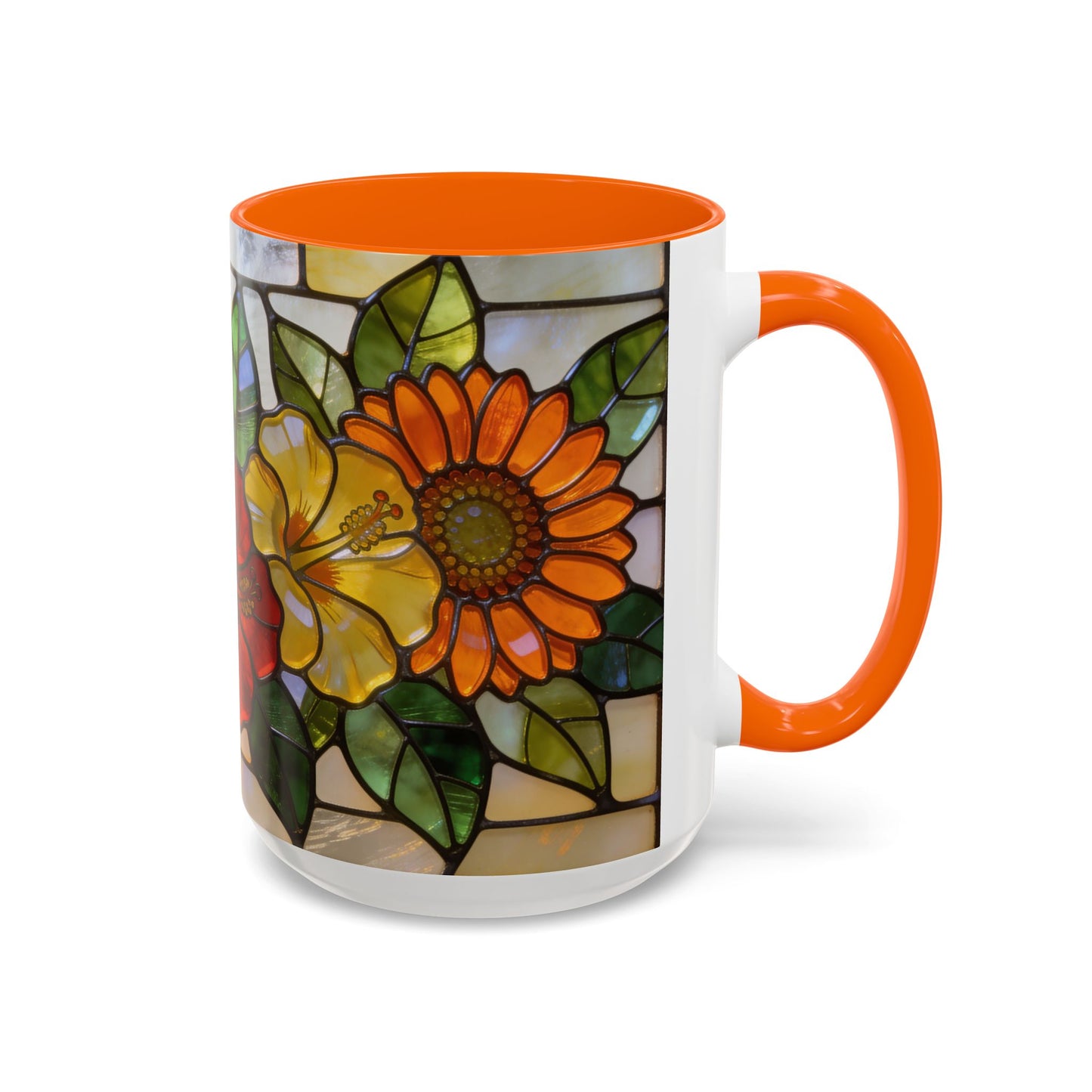 Floral Stained Glass Accent Coffee Mug – Hibiscus & Sunflower Design (11/15oz)