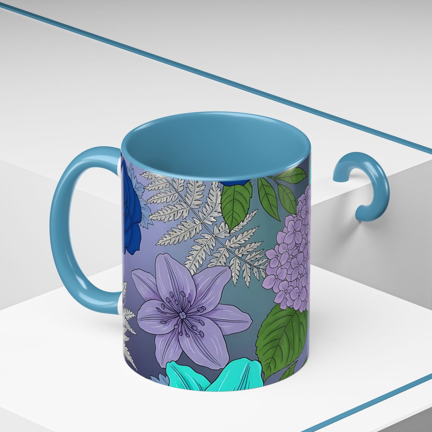 Floral Hydrangea Accent Coffee Mug — Teal & Lavender Botanical Drinkware
