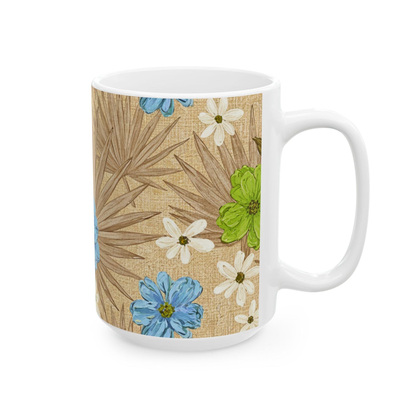 Floral Boho Ceramic Mug - Blue Wildflowers on Palm Leaf Background (11oz, 15oz)