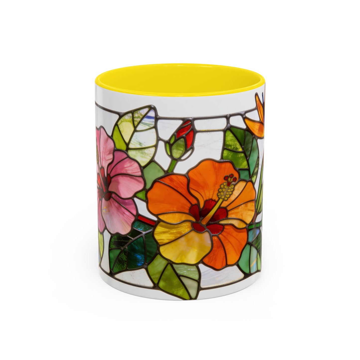 Stained Glass Tropical Flower Coffee Mug — Hibiscus & Bird of Paradise Accent Mug