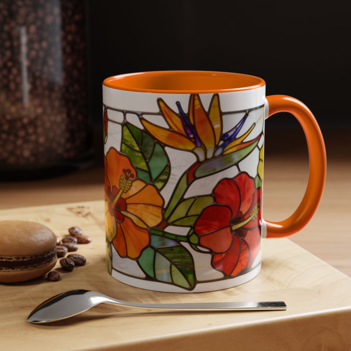 Stained Glass Tropical Flower Coffee Mug — Hibiscus & Bird of Paradise Accent Mug