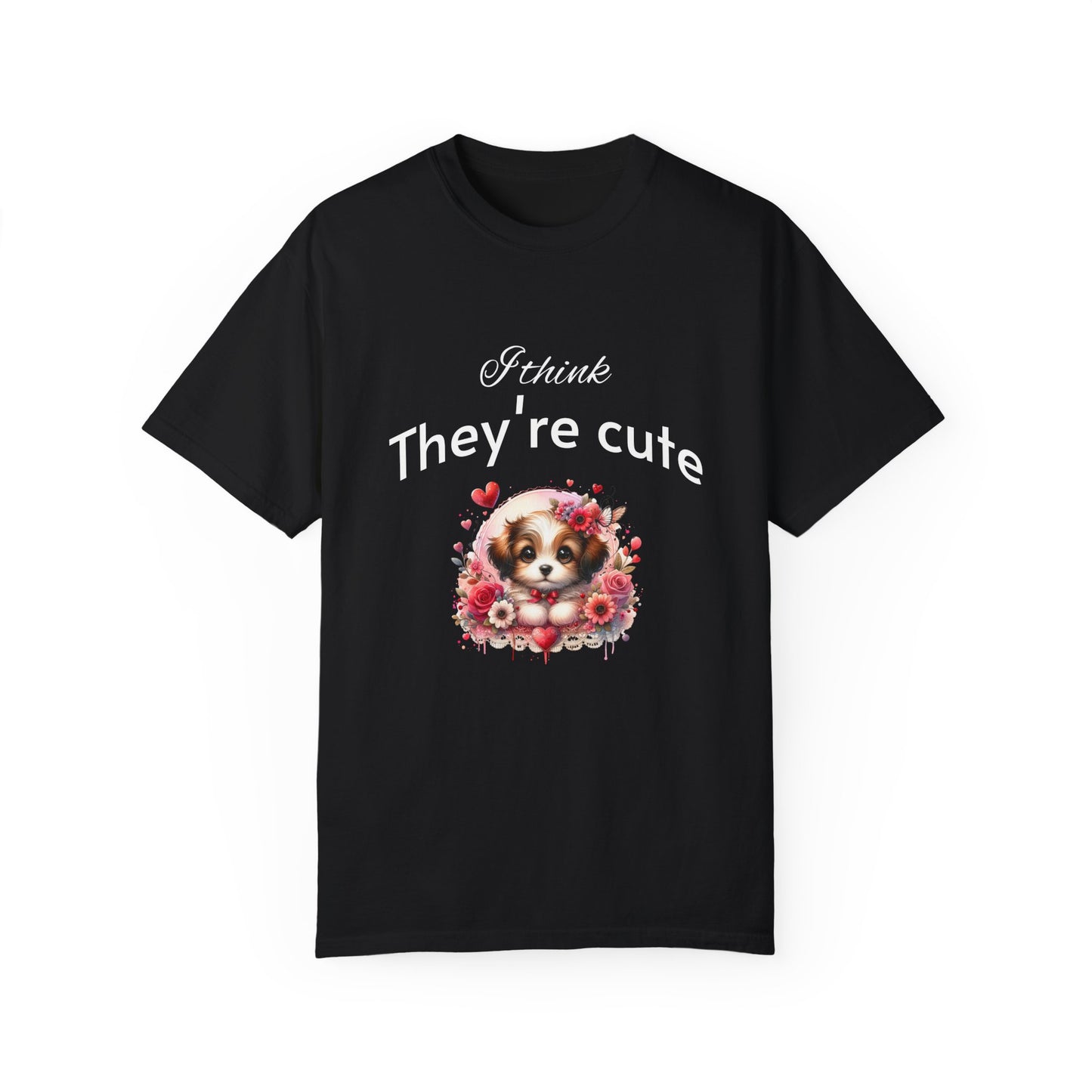 Cute Puppy Love adorned with hearts and beautiful flowers Unisex Garment-Dyed T-Shirt - Perfect for Dog Lovers