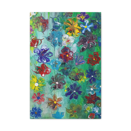 Abstract Floral Canvas Art Print — Vibrant Mixed Flowers on Green, Stretched Matte 1.25" Frame