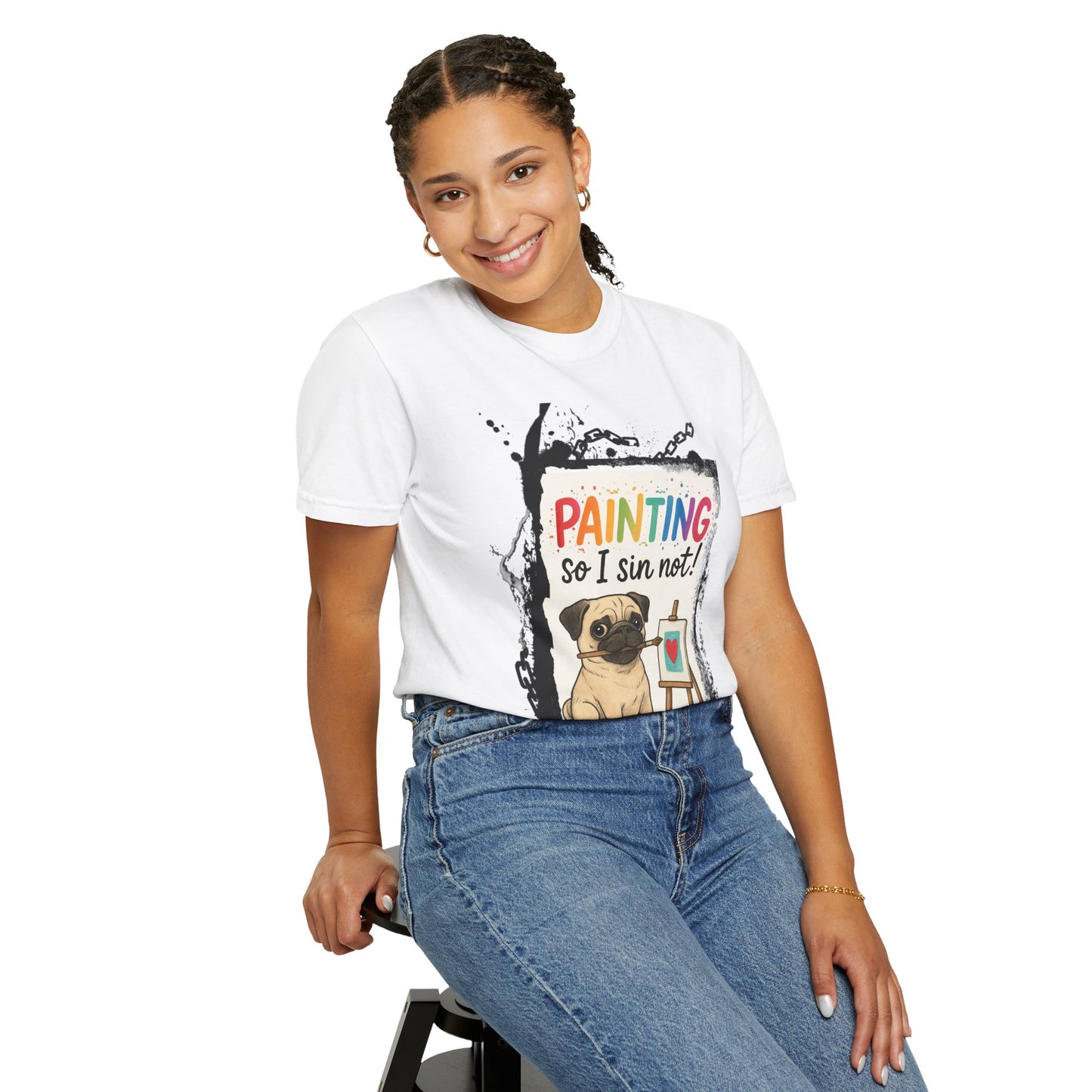 Humorous "Painting So I Sin Not" Pug T-Shirt