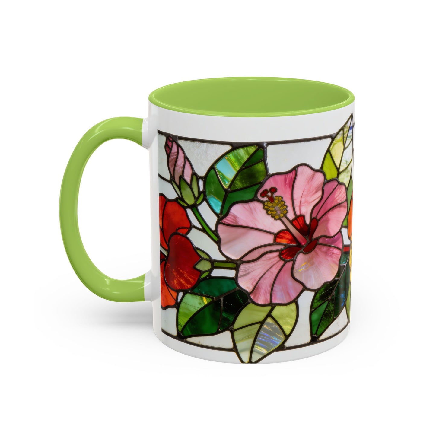 Stained Glass Tropical Flower Coffee Mug — Hibiscus & Bird of Paradise Accent Mug