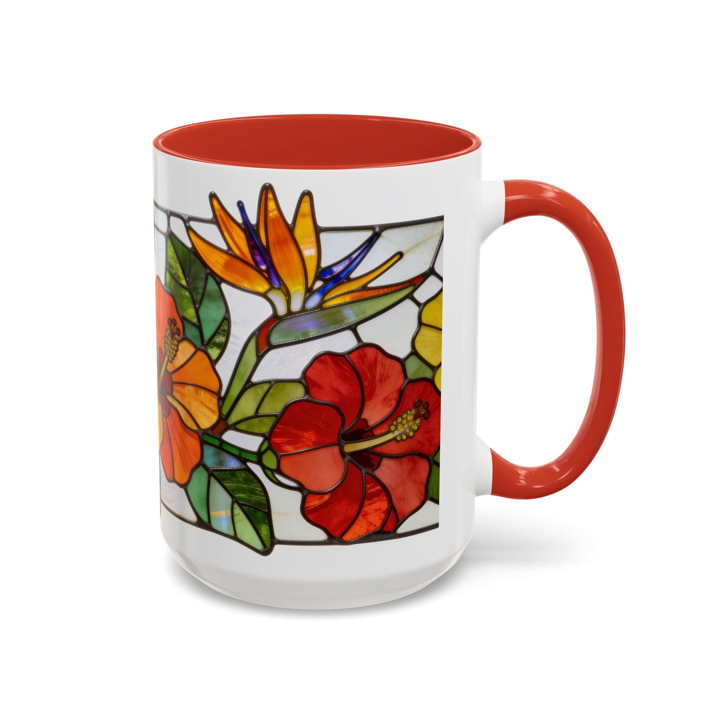 Stained Glass Tropical Flower Coffee Mug — Hibiscus & Bird of Paradise Accent Mug