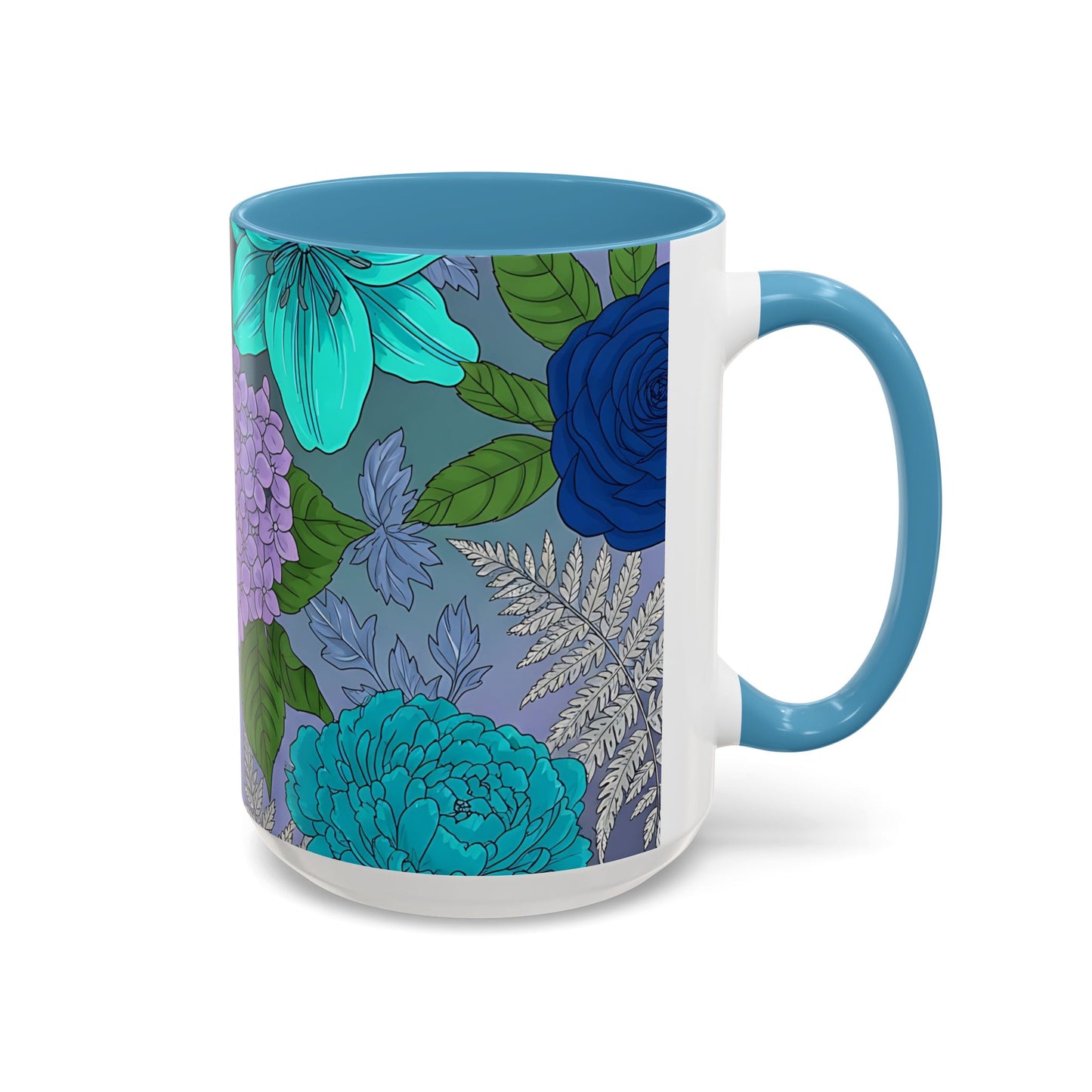 Floral Hydrangea Accent Coffee Mug — Teal & Lavender Botanical Drinkware