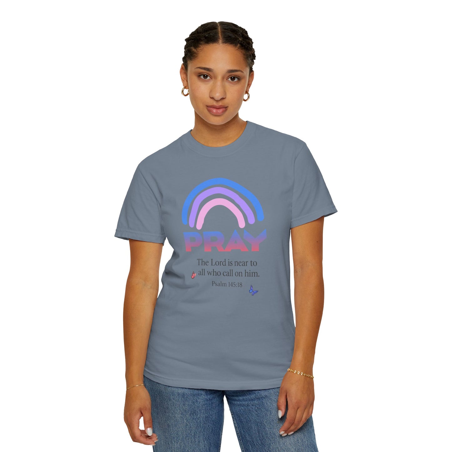 Prayer Rainbow T-Shirt — "PRAY" Psalm 145:18 Inspirational Christian Tee