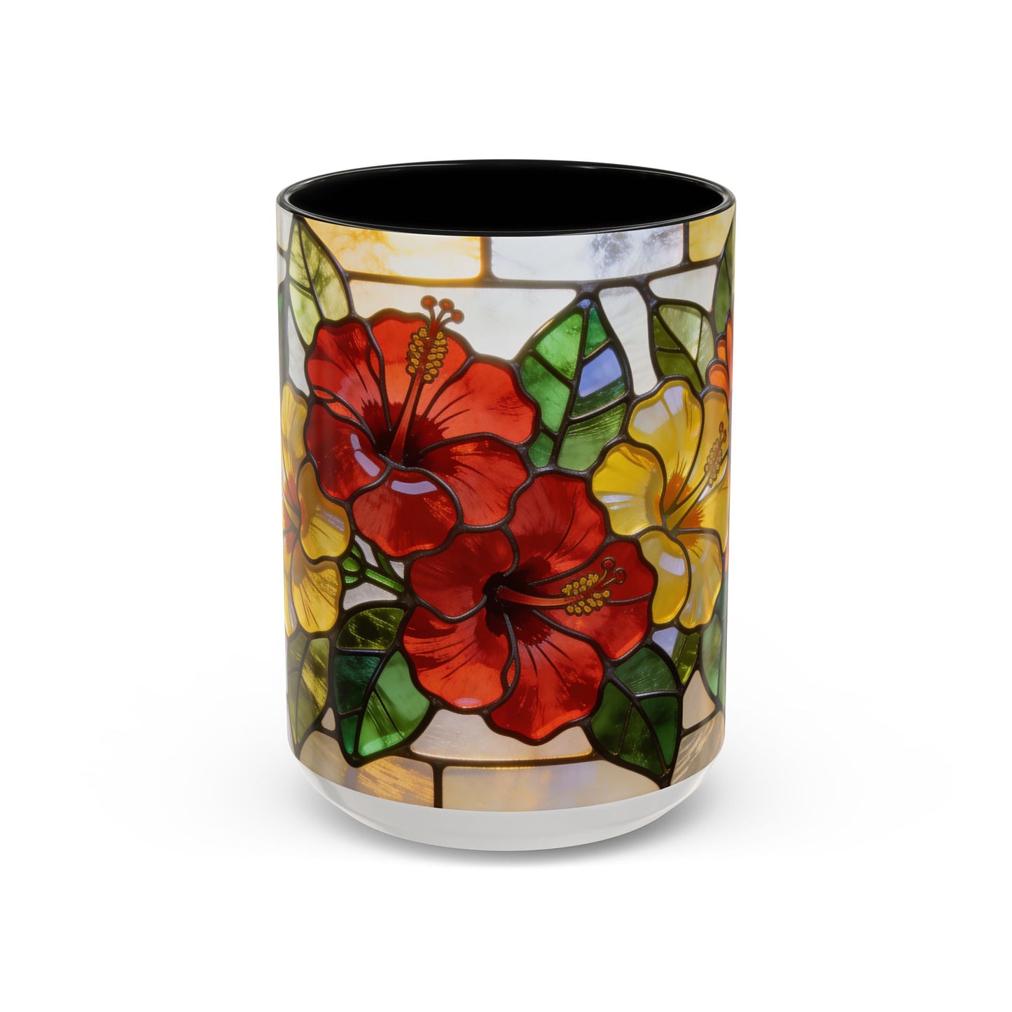 Floral Stained Glass Accent Coffee Mug – Hibiscus & Sunflower Design (11/15oz)