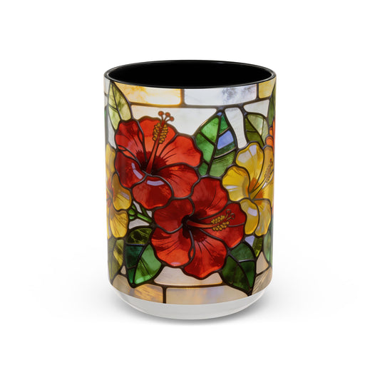 Floral Stained Glass Accent Coffee Mug - Hibiscus & Sunflower Design (11/15oz)