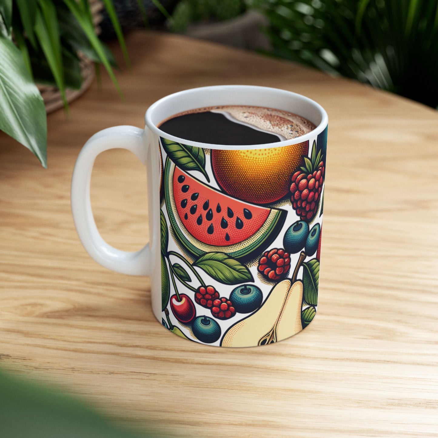 Fruit Pattern Ceramic Mug — Colorful Citrus & Berries 11oz/15oz