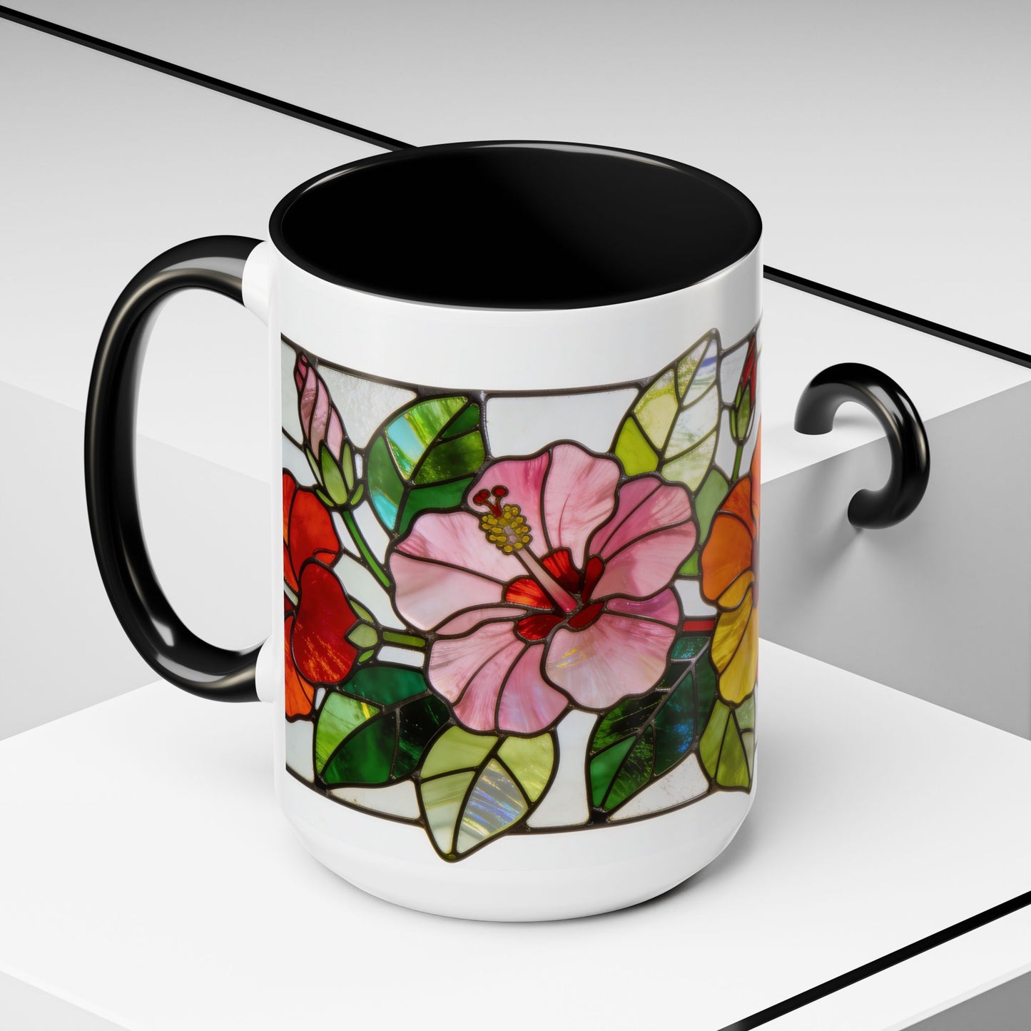Stained Glass Tropical Flower Coffee Mug — Hibiscus & Bird of Paradise Accent Mug