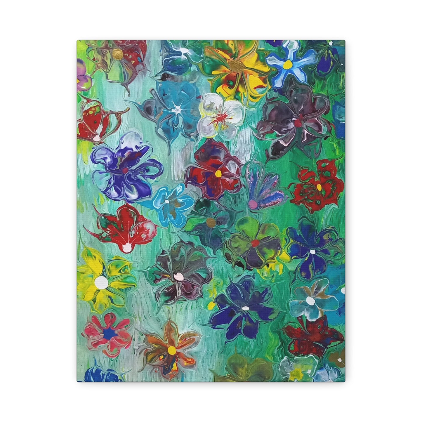 Abstract Floral Canvas Art Print — Vibrant Mixed Flowers on Green, Stretched Matte 1.25" Frame