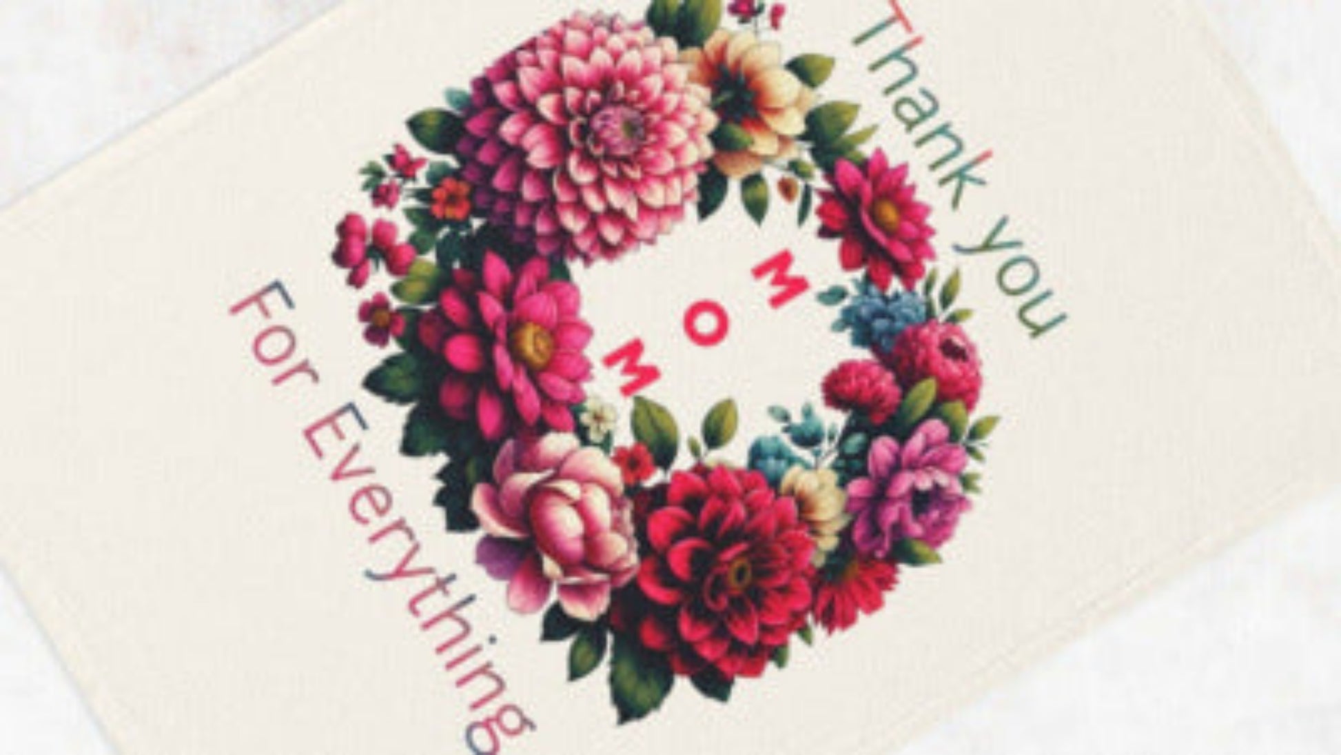 Floral design with 'Thank you for everything' text on a white surface with tea and pastries.