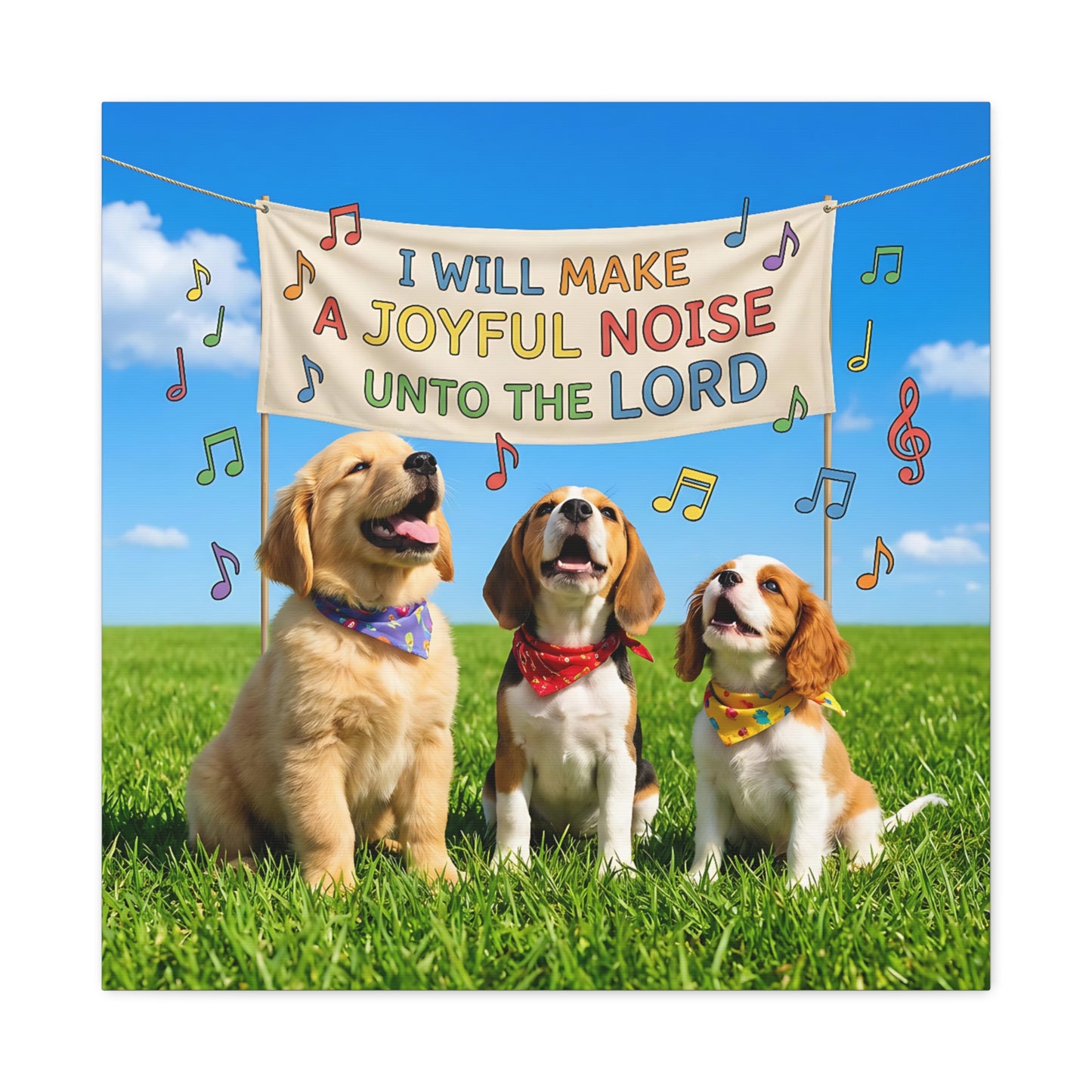 Joyful Noise Puppies Canvas Wall Art — Religious Christian Bible Verse 'I Will Make A Joyful Noise Unto The Lord'