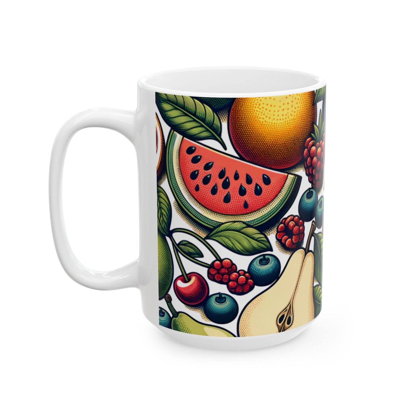 Fruit Pattern Ceramic Mug — Colorful Citrus & Berries 11oz/15oz