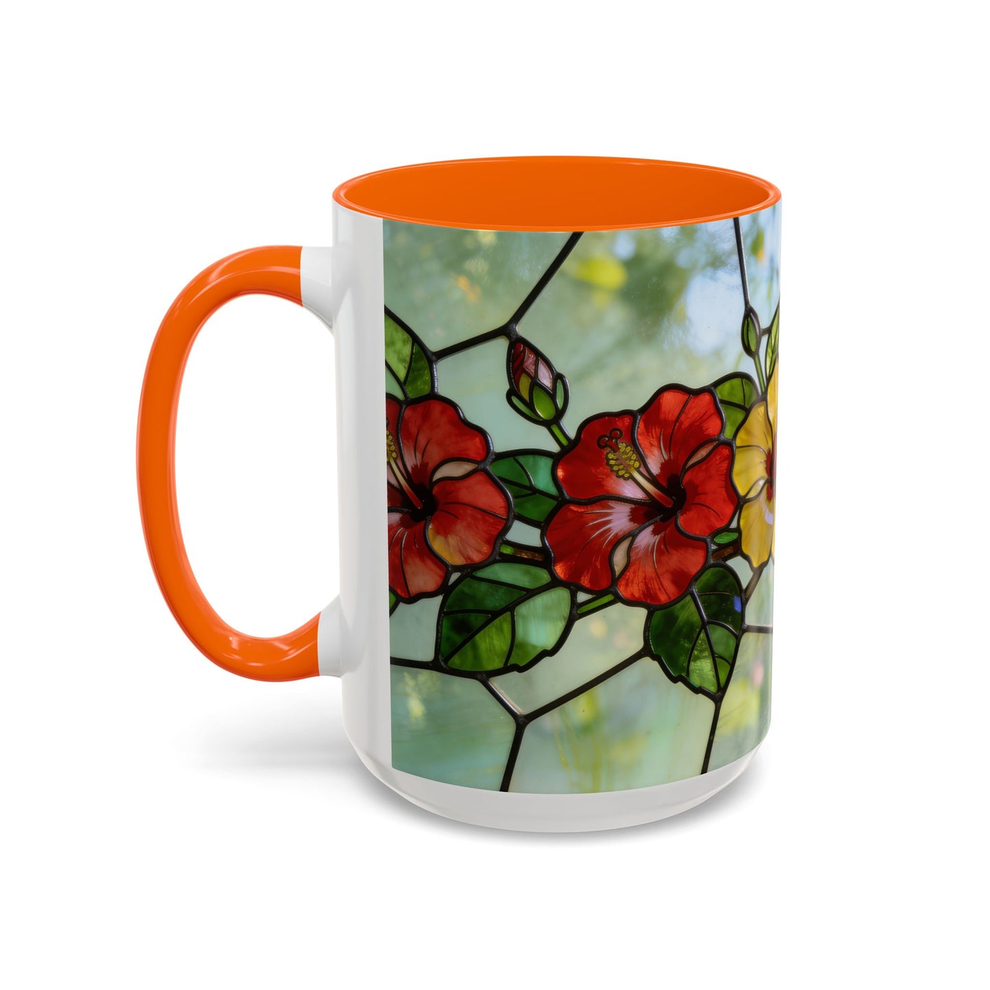 Stained Glass Floral Accent Coffee Mug — Hibiscus & Sunflower Art (11/15oz)