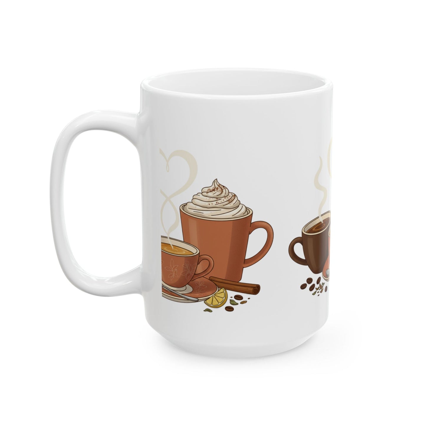 Coffee Lovers Mug - Trio of Hot Drinks Illustration (11oz, 15oz)