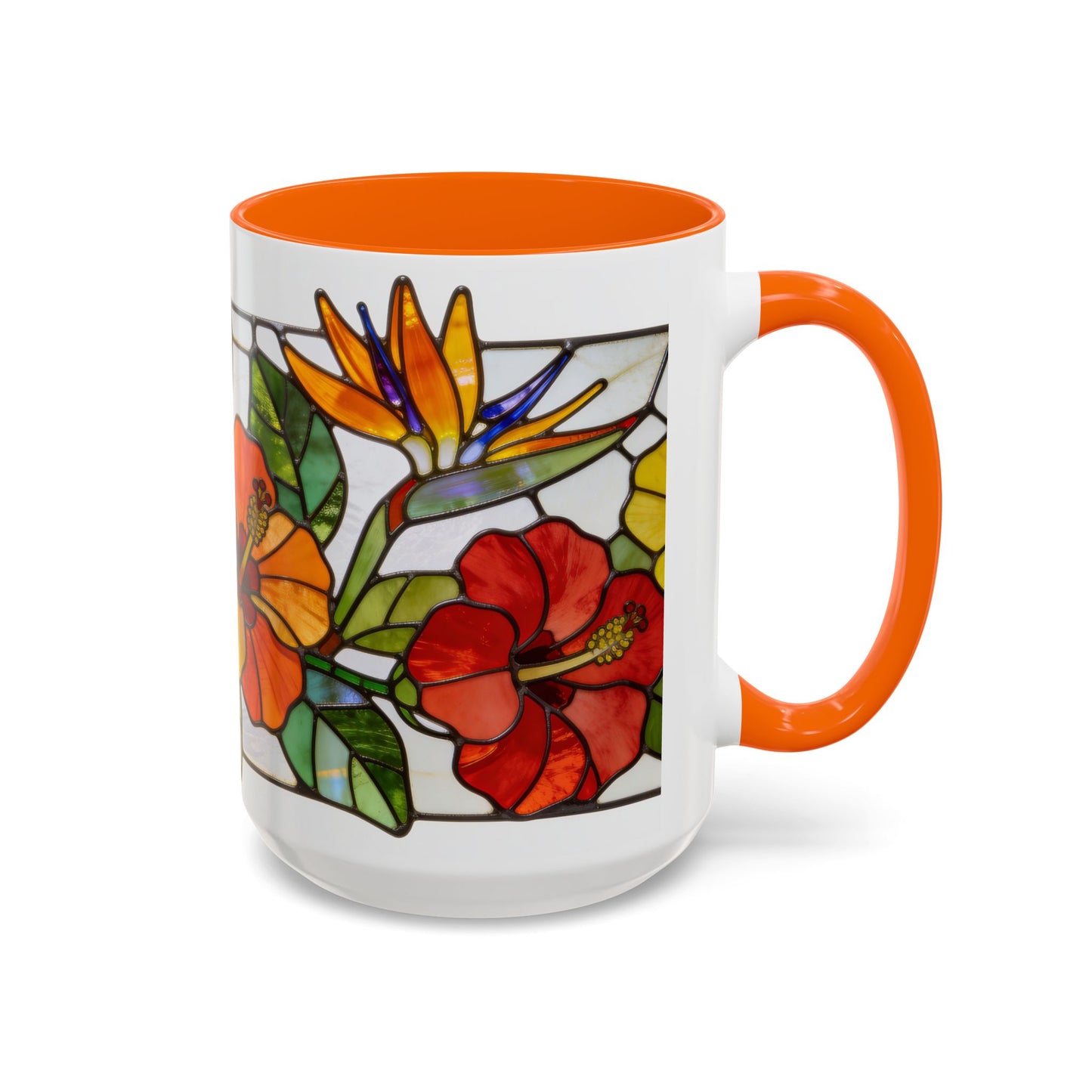 Stained Glass Tropical Flower Coffee Mug — Hibiscus & Bird of Paradise Accent Mug