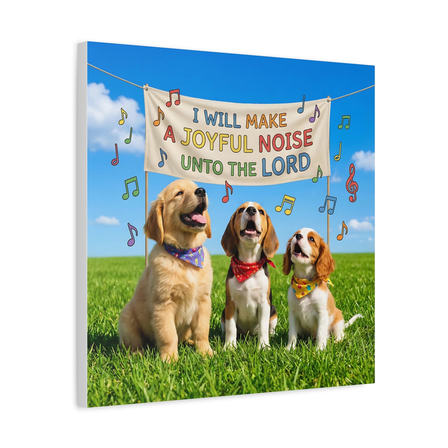 Joyful Noise Puppies Canvas Wall Art — Religious Christian Bible Verse 'I Will Make A Joyful Noise Unto The Lord'
