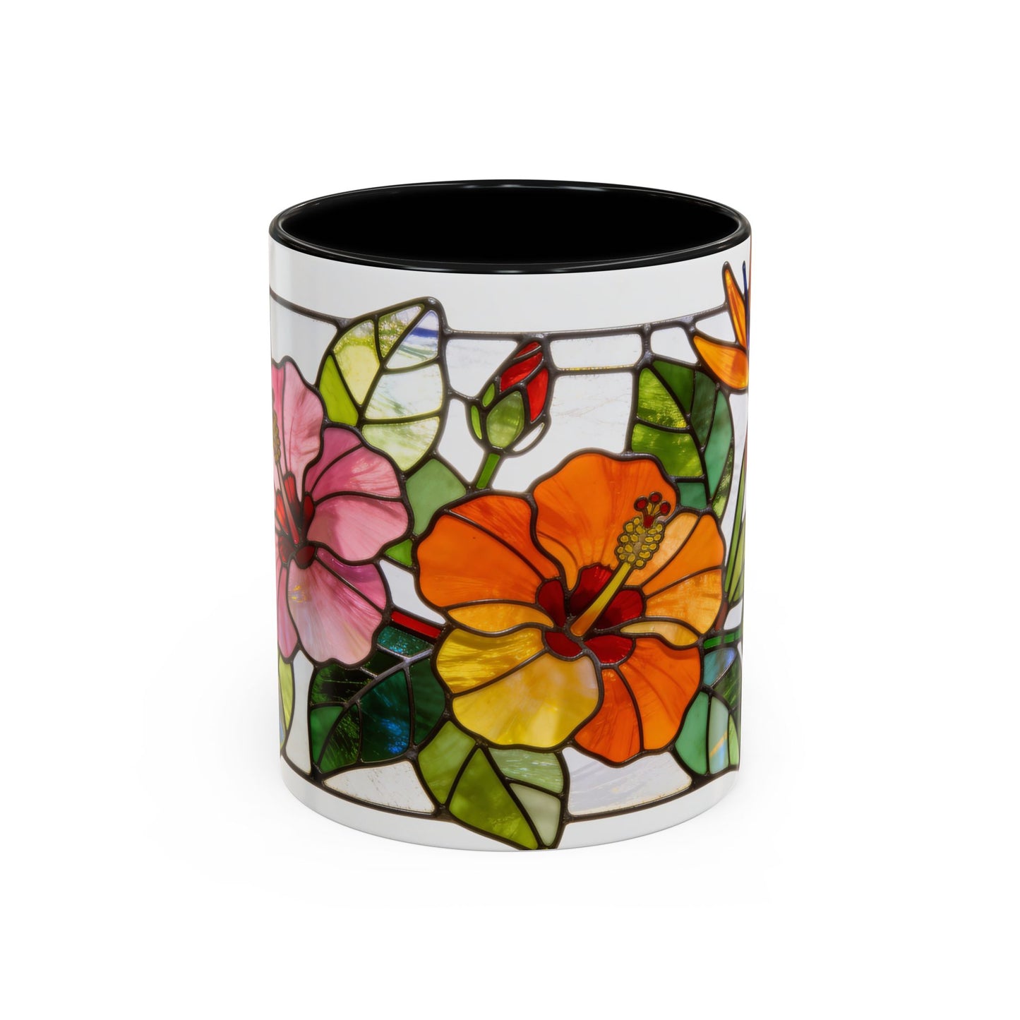 Stained Glass Tropical Flower Coffee Mug — Hibiscus & Bird of Paradise Accent Mug