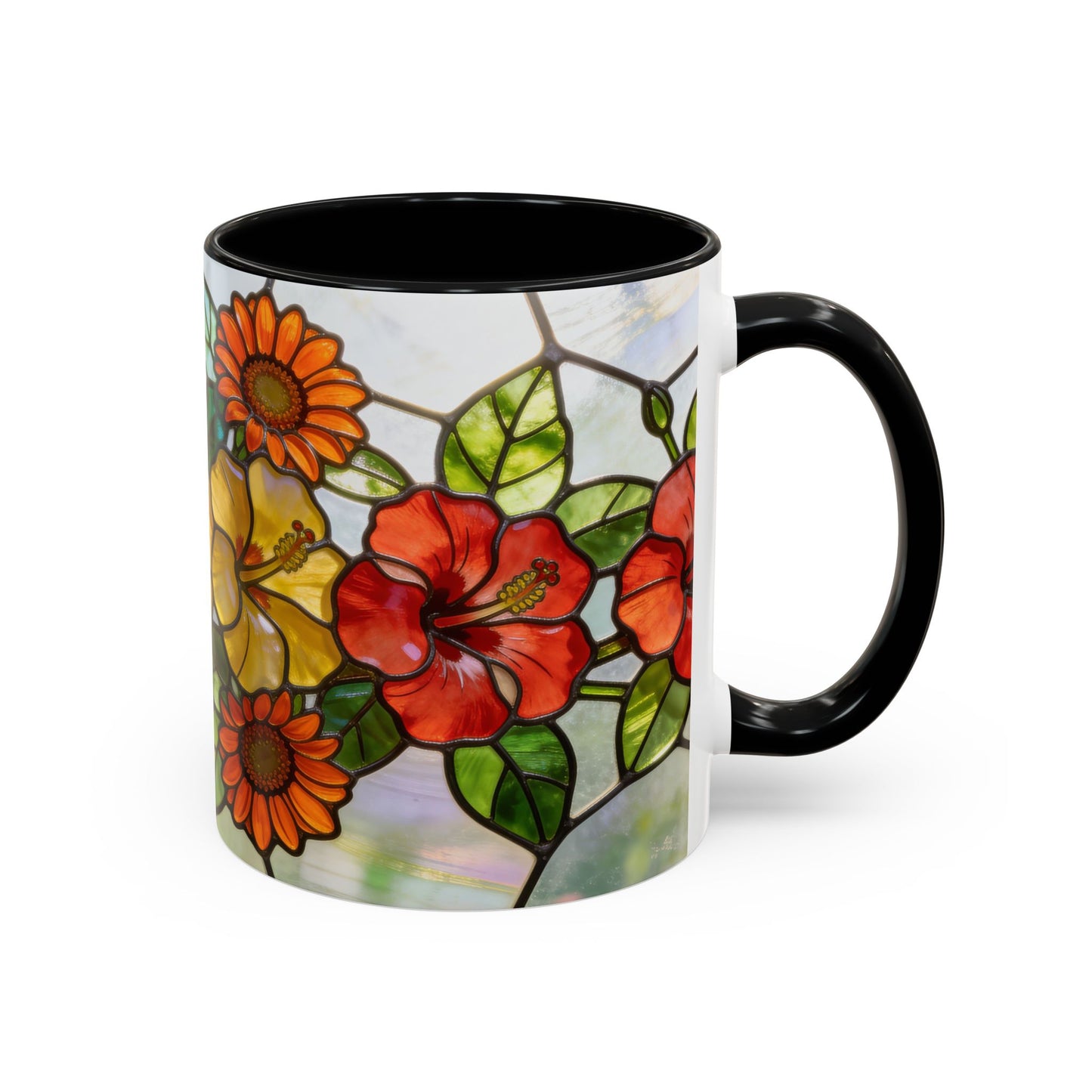 Stained Glass Floral Accent Coffee Mug — Hibiscus & Sunflower Art (11/15oz)