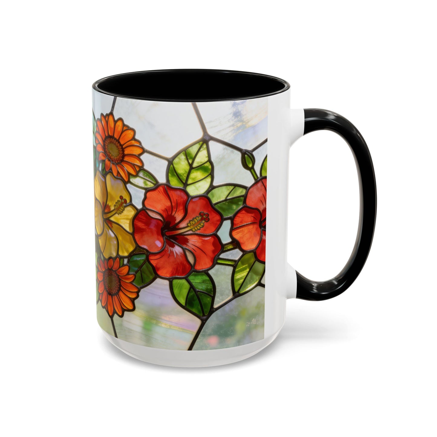 Stained Glass Floral Accent Coffee Mug — Hibiscus & Sunflower Art (11/15oz)