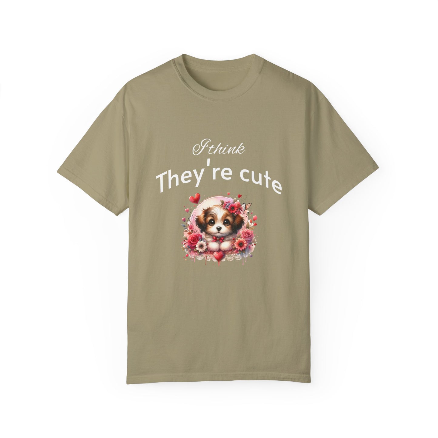 Cute Puppy Love adorned with hearts and beautiful flowers Unisex Garment-Dyed T-Shirt - Perfect for Dog Lovers