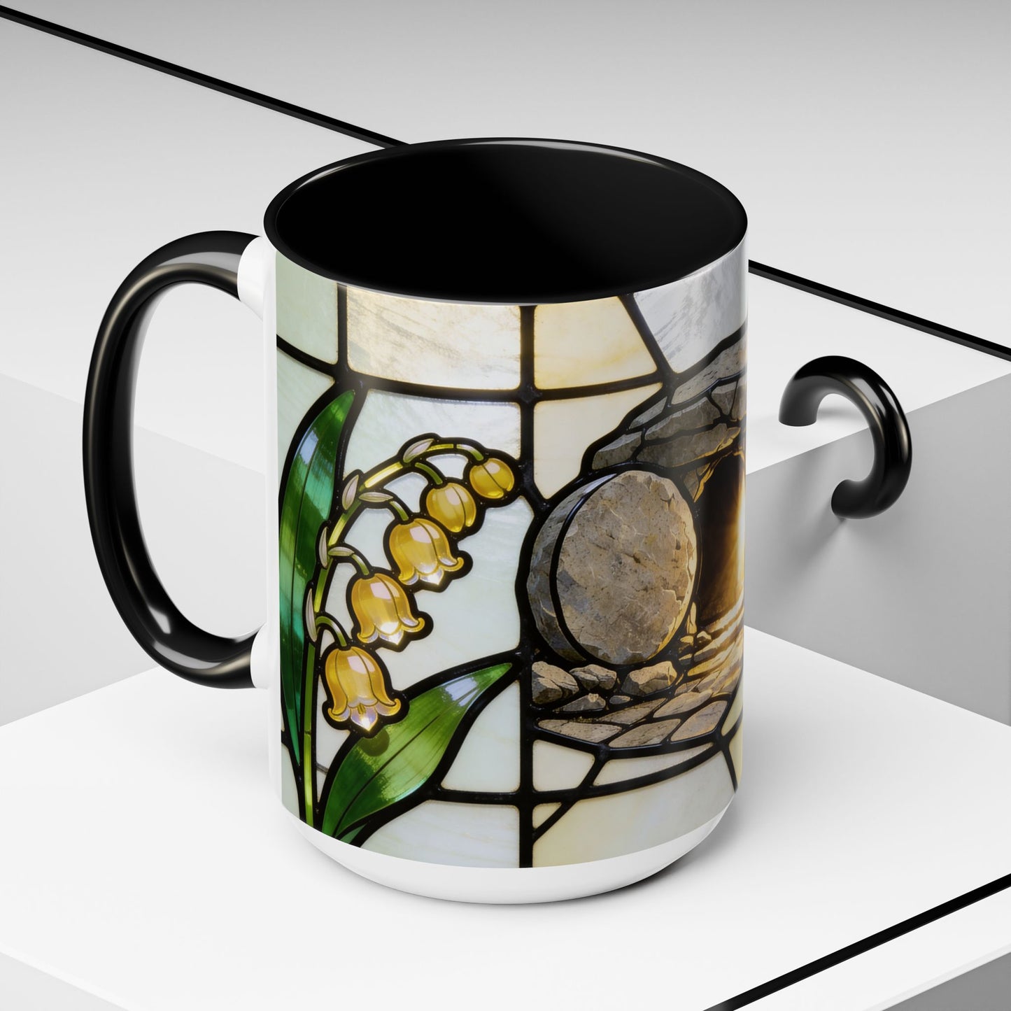 Stained Glass depiction of The Resurrected Tomb & Lily of the Valley Accent Coffee Mug — Christian Easter 11/15oz