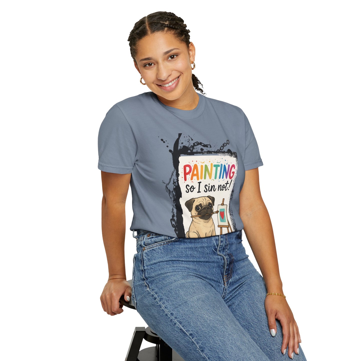 Humorous "Painting So I Sin Not" Pug T-Shirt