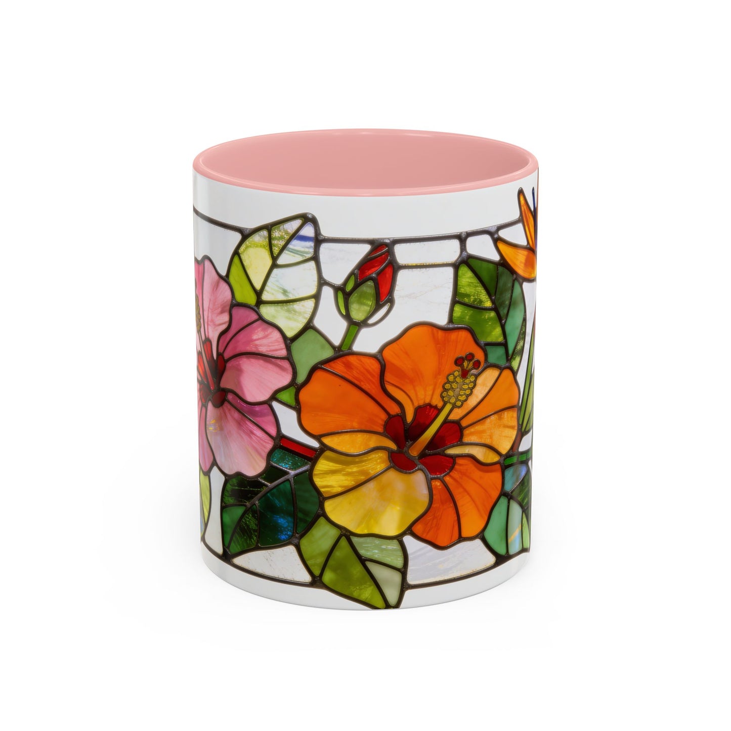Stained Glass Tropical Flower Coffee Mug — Hibiscus & Bird of Paradise Accent Mug