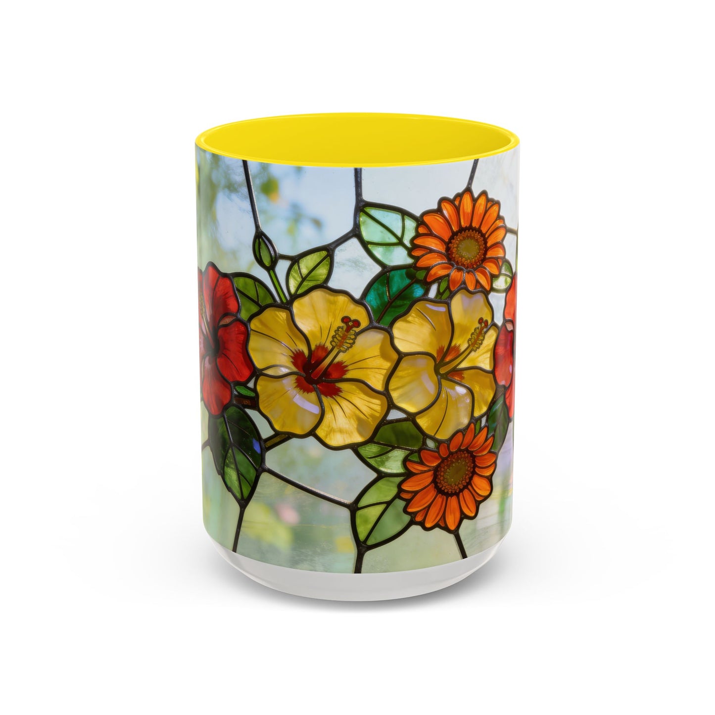 Stained Glass Floral Accent Coffee Mug — Hibiscus & Sunflower Art (11/15oz)