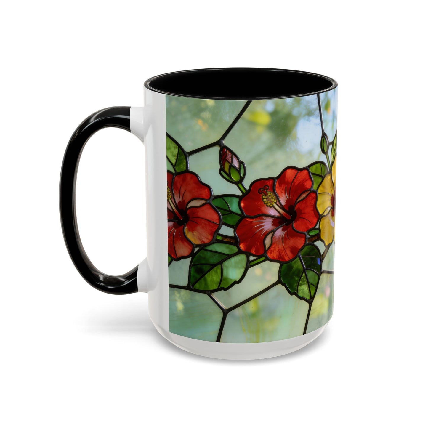 Stained Glass Floral Accent Coffee Mug — Hibiscus & Sunflower Art (11/15oz)