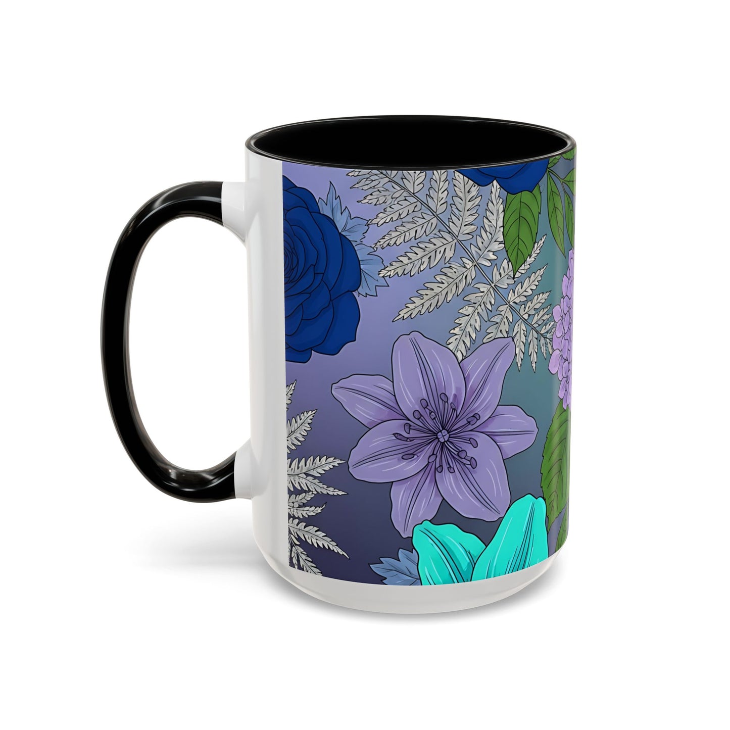 Floral Hydrangea Accent Coffee Mug — Teal & Lavender Botanical Drinkware