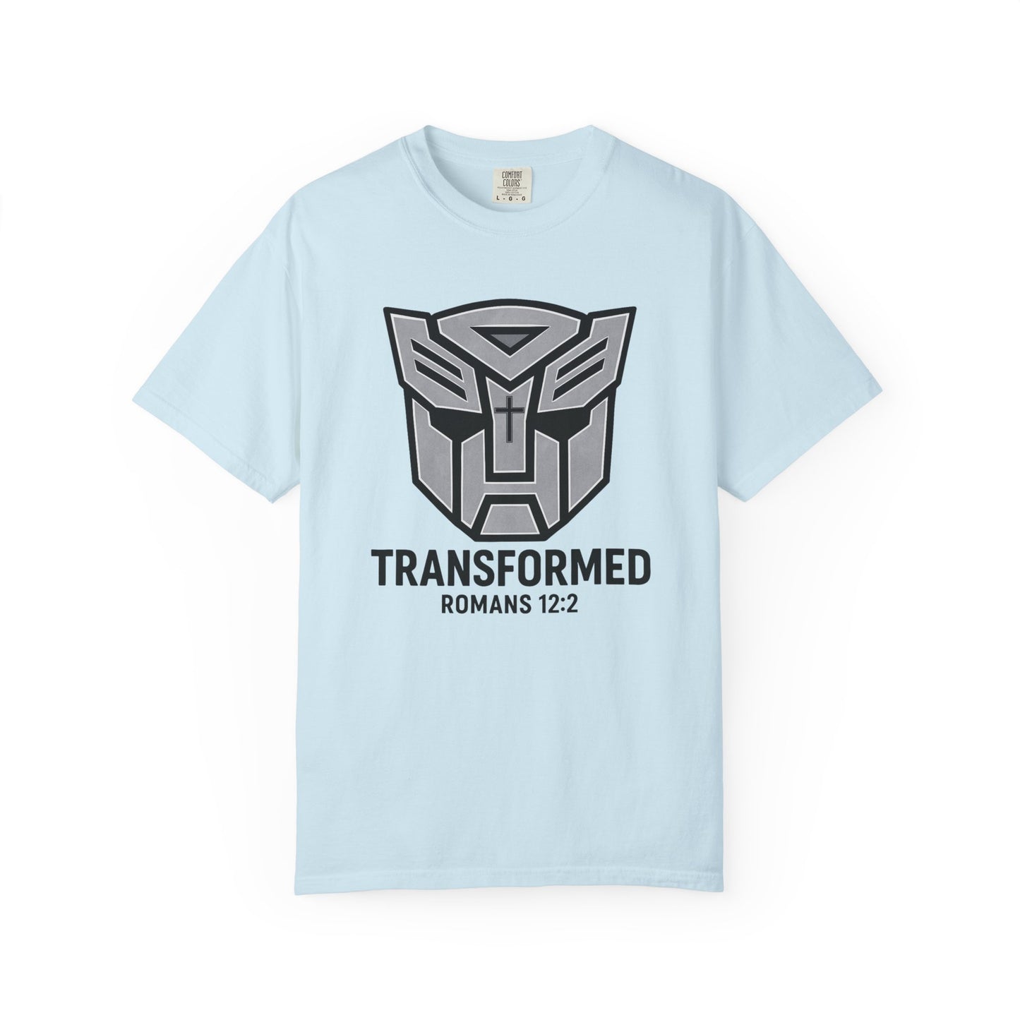 Transformed Graphic Tee — "Transformed" Romans 12:2 Christian Transformer Logo T-Shirt