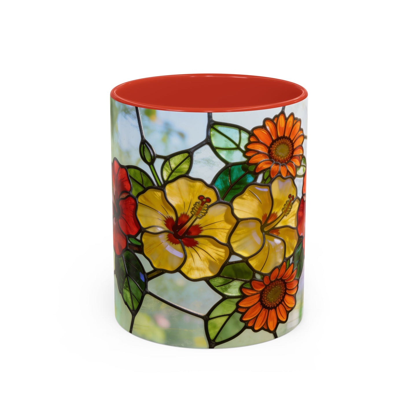 Stained Glass Floral Accent Coffee Mug — Hibiscus & Sunflower Art (11/15oz)