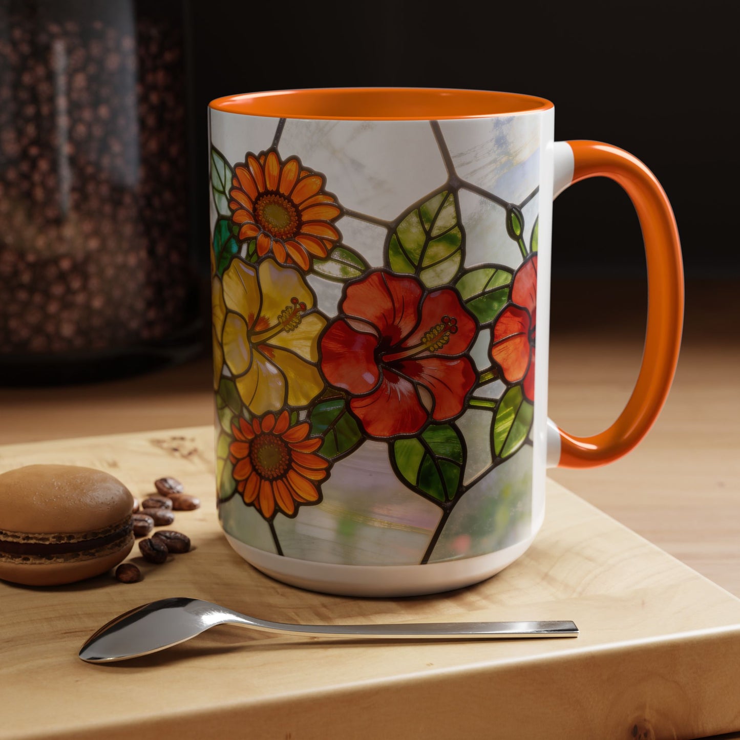 Stained Glass Floral Accent Coffee Mug — Hibiscus & Sunflower Art (11/15oz)