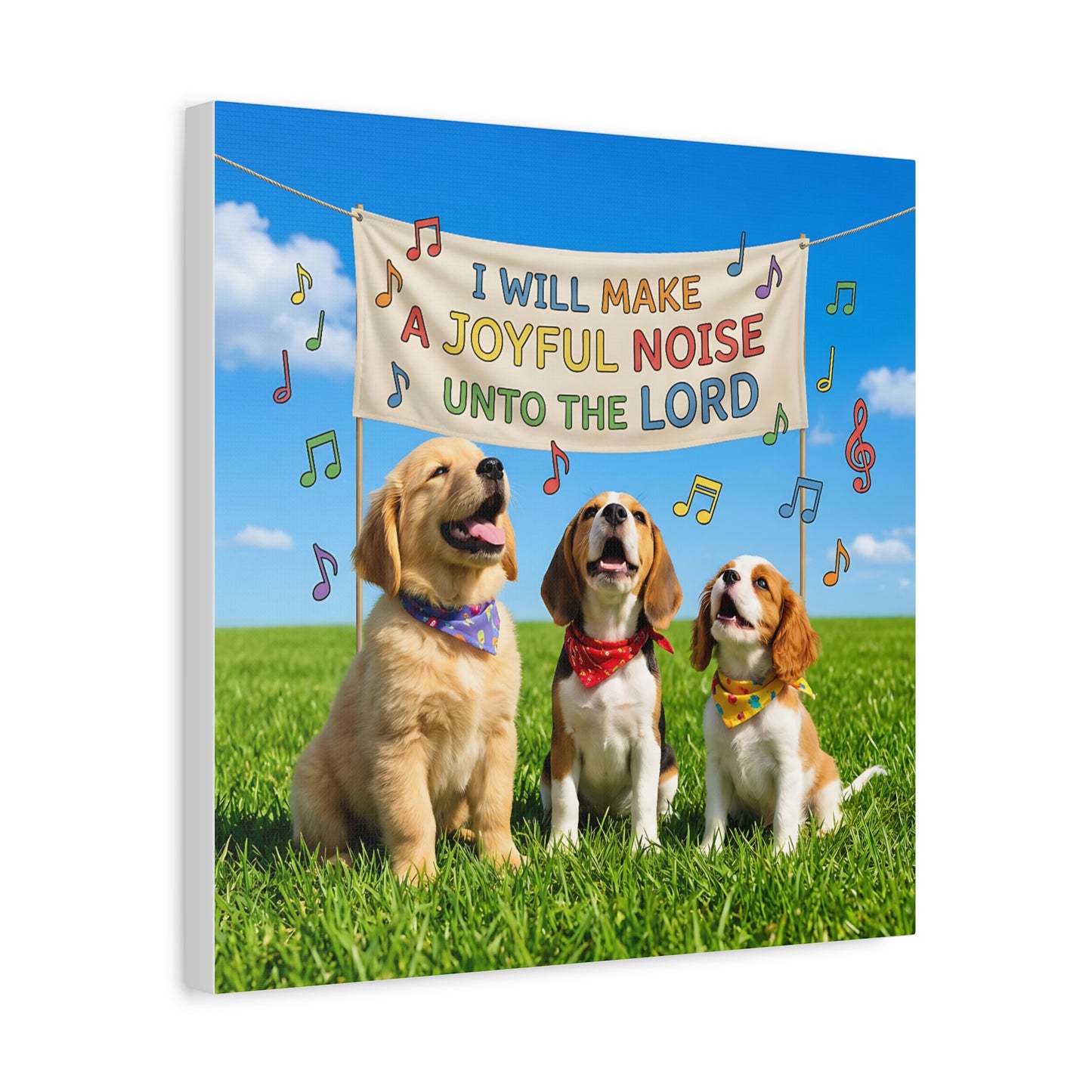 Joyful Noise Puppies Canvas Wall Art — Religious Christian Bible Verse 'I Will Make A Joyful Noise Unto The Lord'