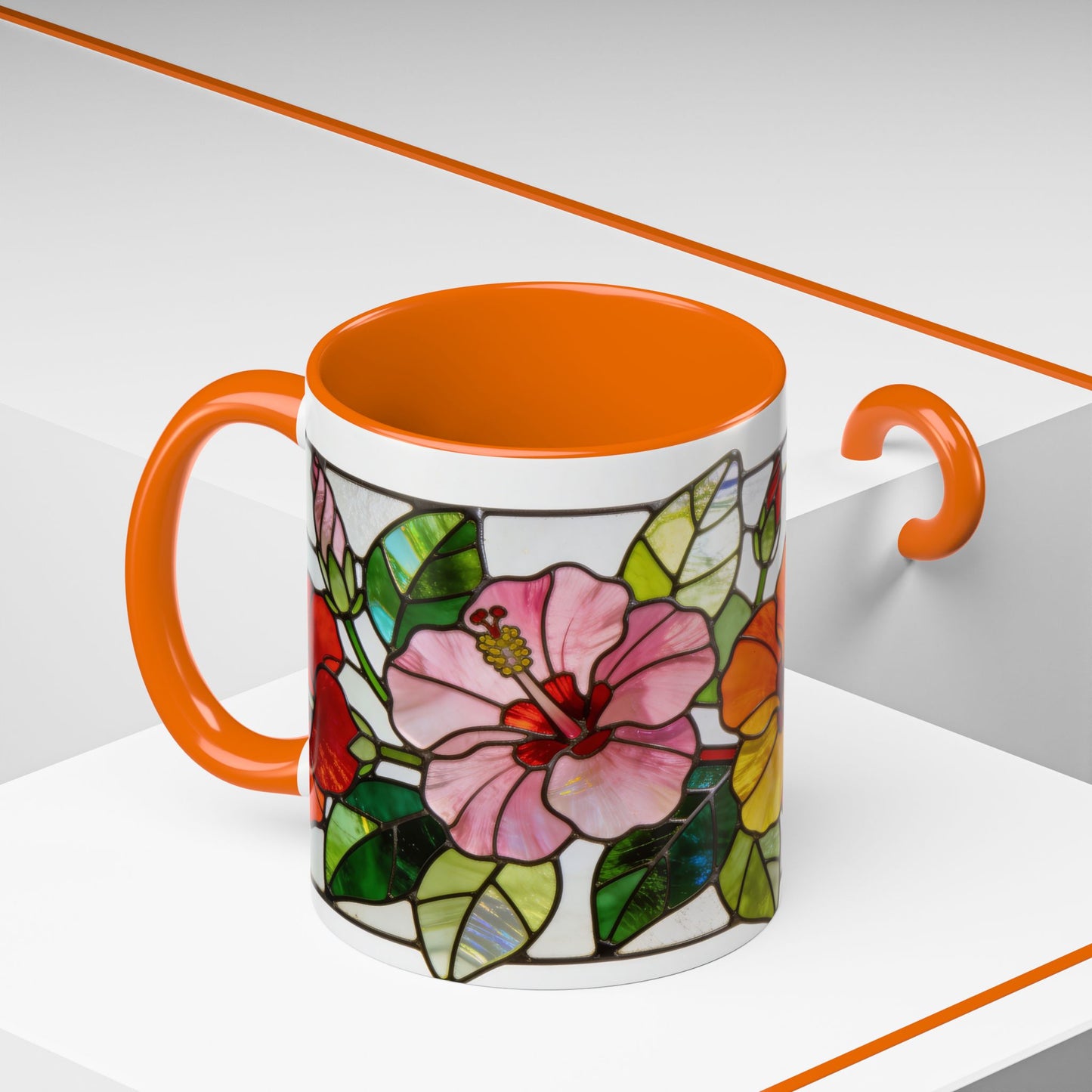 Stained Glass Tropical Flower Coffee Mug — Hibiscus & Bird of Paradise Accent Mug