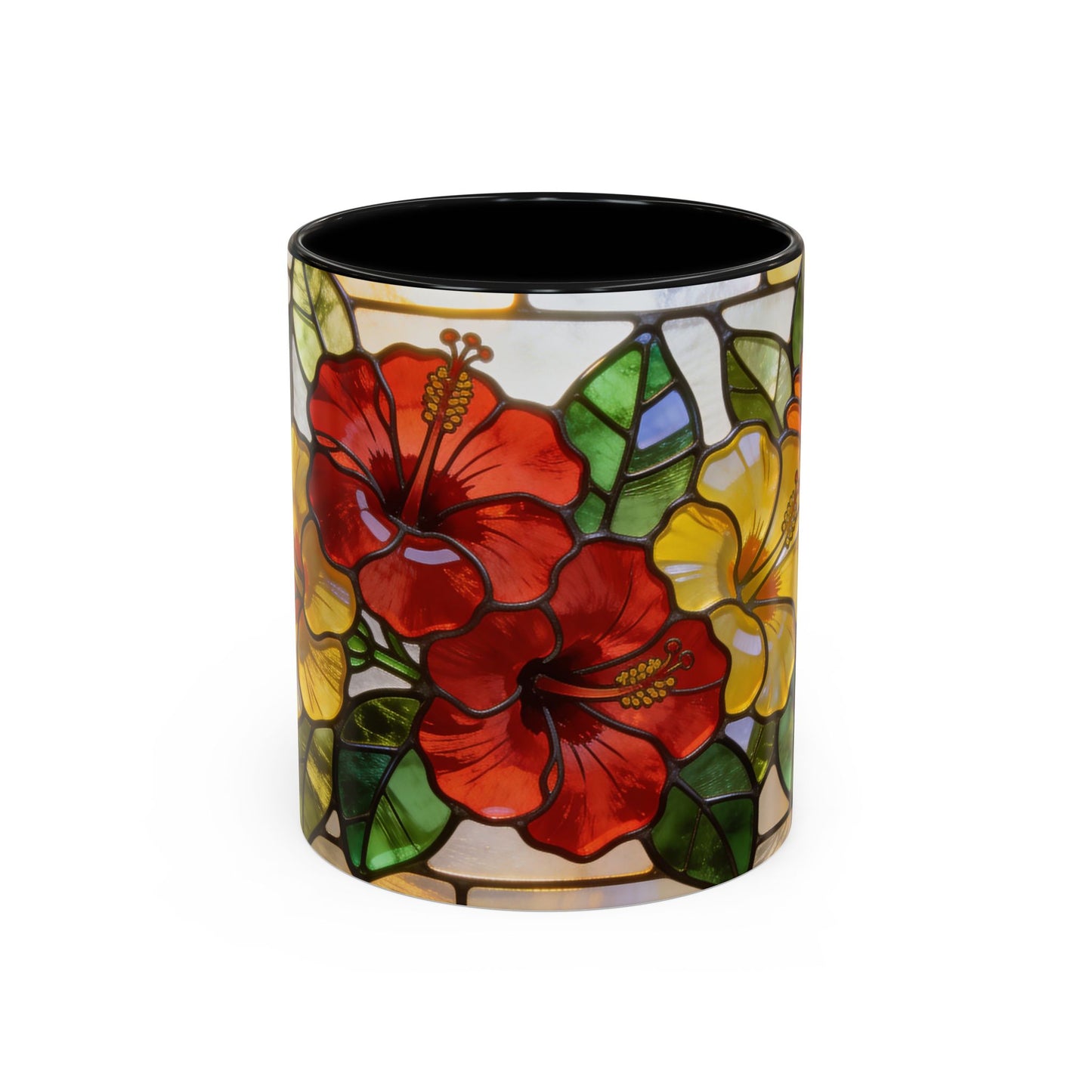 Floral Stained Glass Accent Coffee Mug – Hibiscus & Sunflower Design (11/15oz)