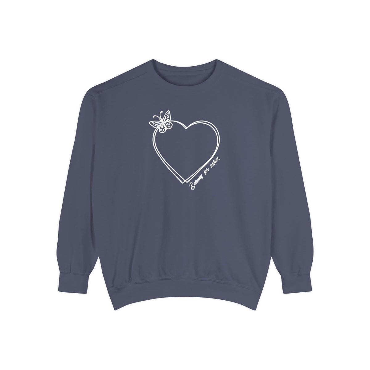 A slate blue crewneck sweatshirt with a white line-art graphic of a heart, butterfly, and cursive text on the chest, displayed against a solid white background.