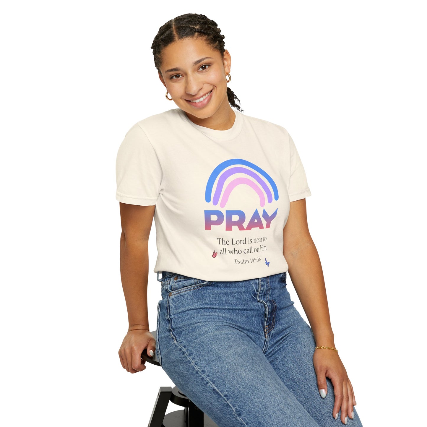 Prayer Rainbow T-Shirt — "PRAY" Psalm 145:18 Inspirational Christian Tee