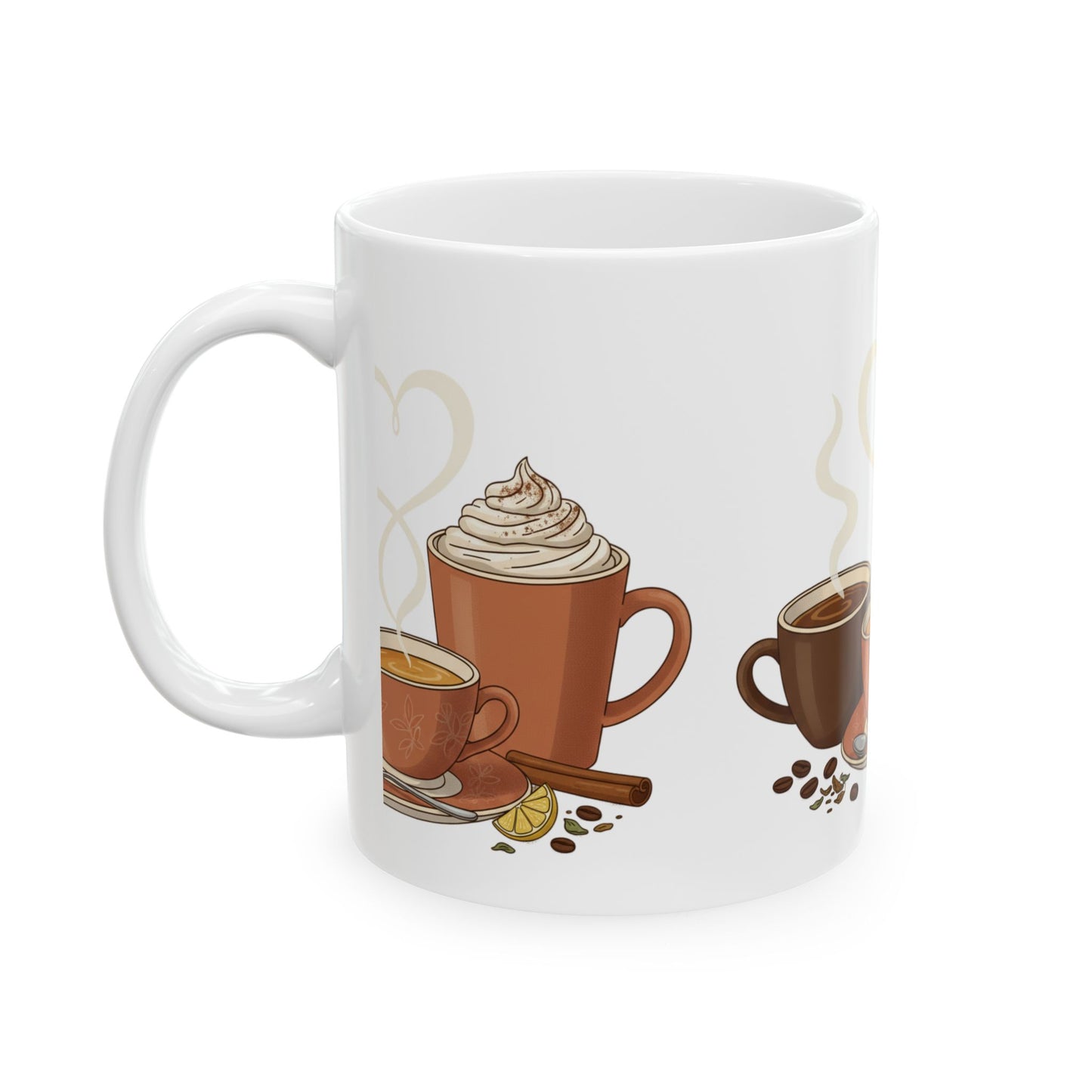 Coffee Lovers Mug - Trio of Hot Drinks Illustration (11oz, 15oz)